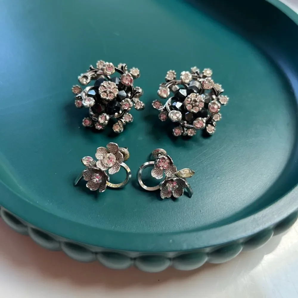 2 Pairs MCM 1950s / 1960s Crystal Rhinestone Silver Black Earrings Lot